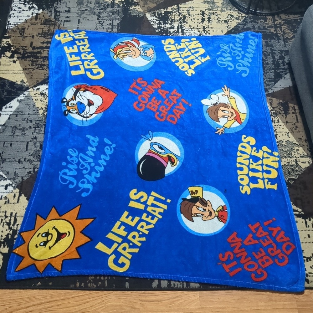 Vintage Kelloggs Cereal Blanket Tony Tiger Snap Crackle Pop Toucan Sam 50"X60"
